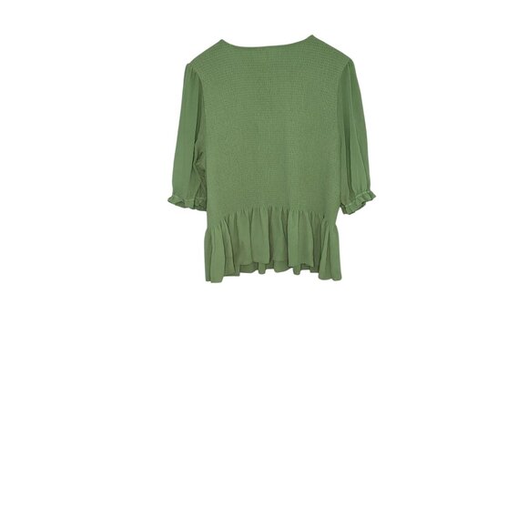Green Smocked Peplum Blouse With Sheer Puff Sleeves & Ruffled Hem XXL By Versona - Picture 2 of 11